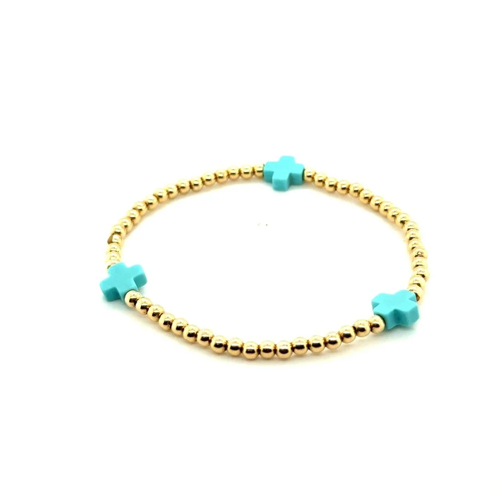 Enewton Gold Filled Beaded Bracelet Turquoise Cross Stretch Stackable 6 Inch